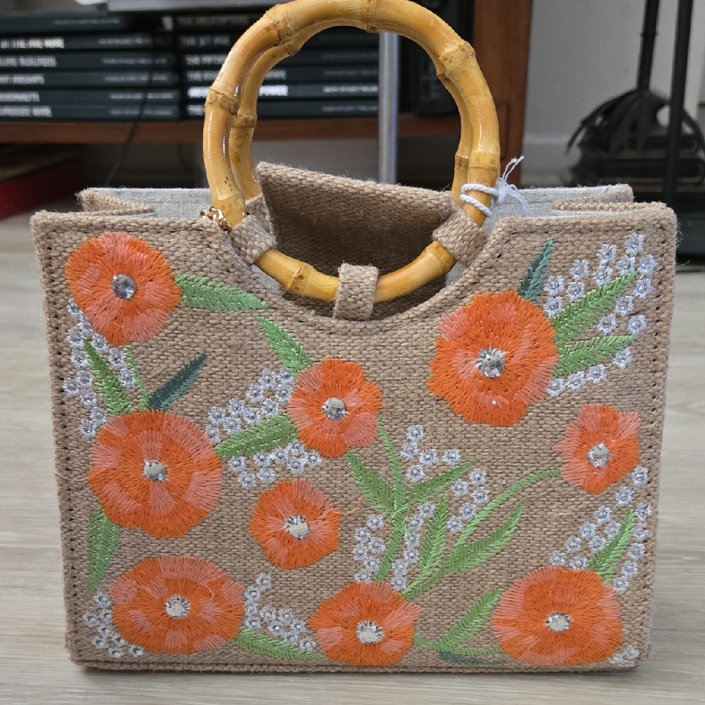 Haute Hippie Tan and Orange Crossbody Bag with Floral Embroidery